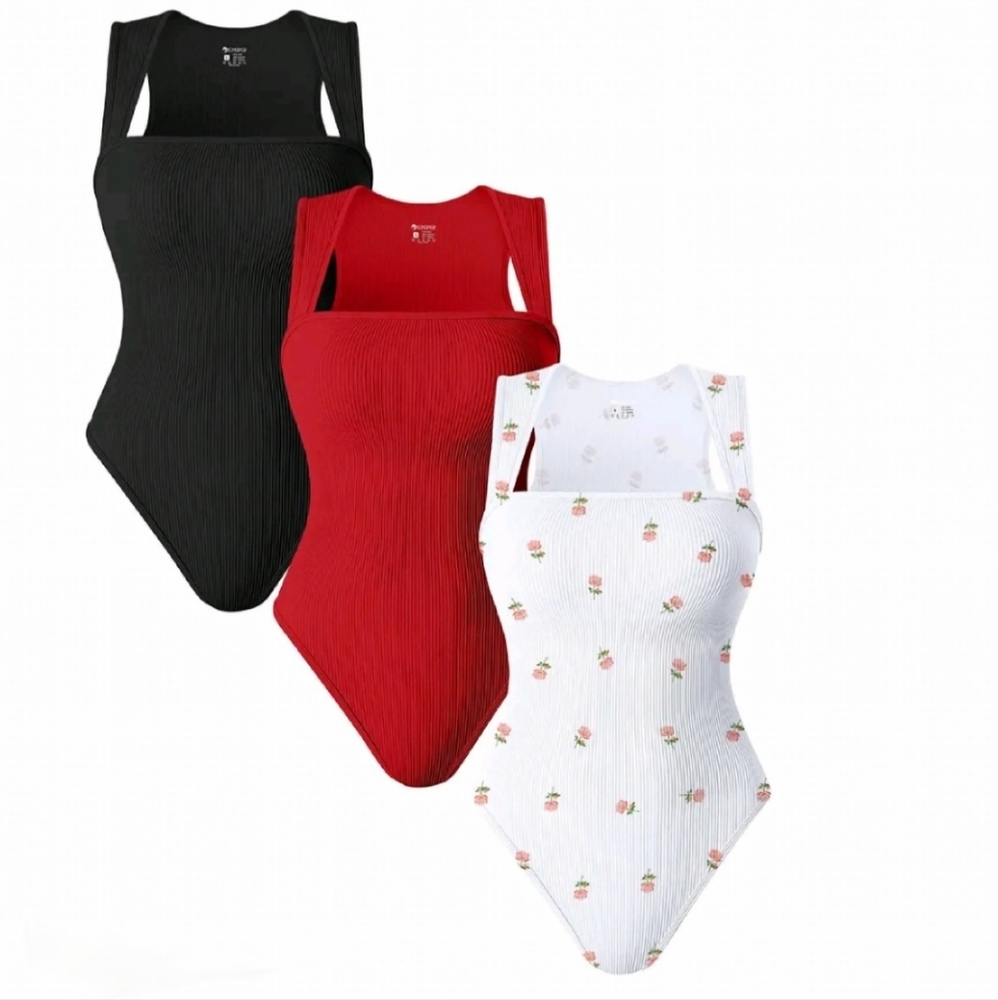 3 Piece Bodysuits For Women - Ribbed Strappy Square Neck Stretch - Floral Set
